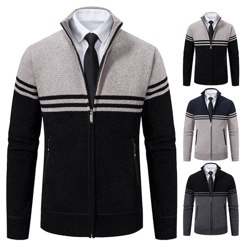Herren sportliche und modische Strickjacke mit Reißverschluss und kontrastierenden Streifen EB