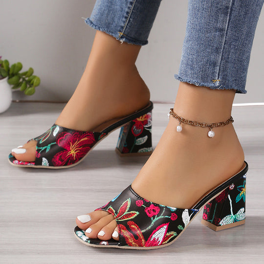 Damen Offene Mules mit floralem Muster und komfortablem Blockabsatz EB