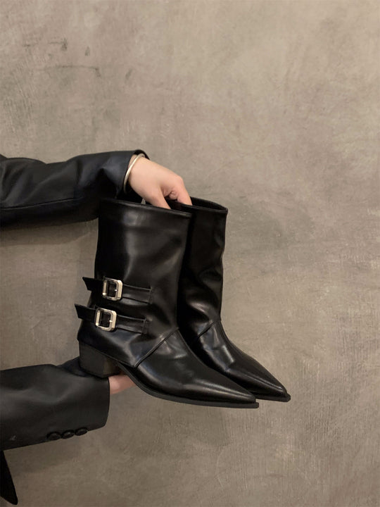 Damen Elegante Stiefeletten mit dekorativen Schnallen und spitzem Schnitt EB