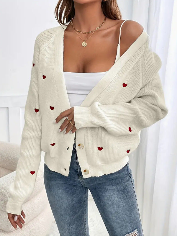Damen Strickjacke mit Herzmotiven und Knopfverschluss EB
