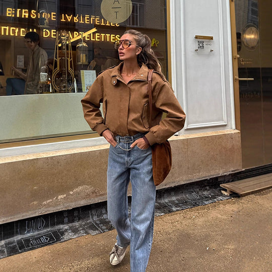 Damen lässige Kurzjacke mit voluminösen Ärmeln und Reißverschluss EB