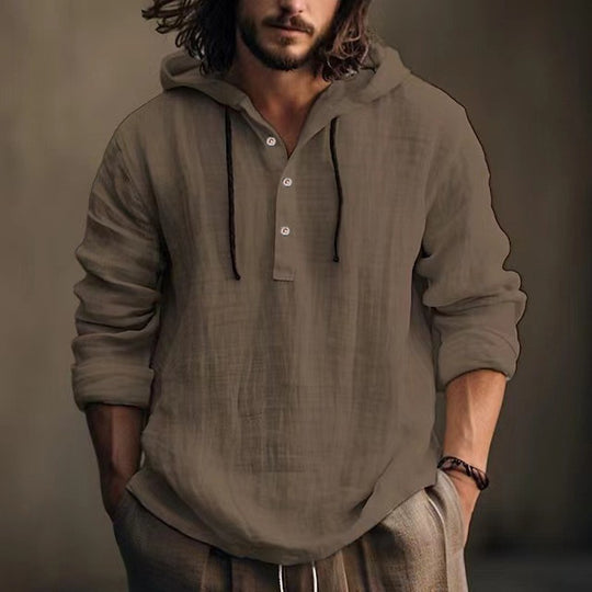 Herren nan Leichtes Kapuzenhemd im Leinenlook mit Henley-Knopfleiste EB