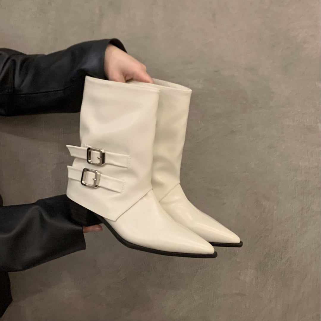 Damen Elegante Stiefeletten mit dekorativen Schnallen und spitzem Schnitt EB
