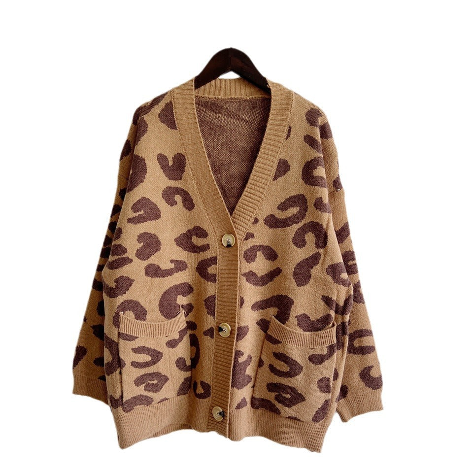 Damen grob gestrickte Cardigan mit tierischem Leopardenmuster und Knopfdetails EB