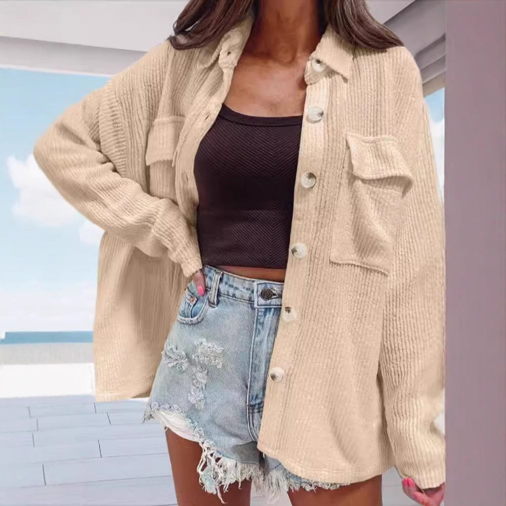 Damen lässige oversized Hemdbluse mit strukturiertem Design und praktischen Taschen EB
