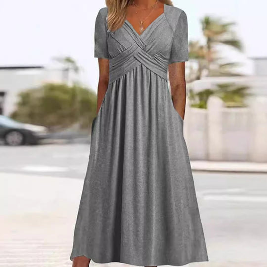Damen nan luftiges Midikleid mit V-Ausschnitt Wickeloptik Empire-Taille und Taschen EB