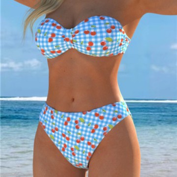 Damen Bandeau-Bikini mit verspieltem Karomuster und fruchtigem Print EB