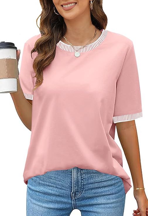 Damen Lässiges Kurzarm-Shirt mit Modischem Streifenkragen EB
