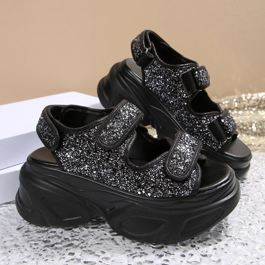 Damen Glamouröse Plateau-Sandalen mit verstellbaren Riemen und funkelnden Applikationen EB