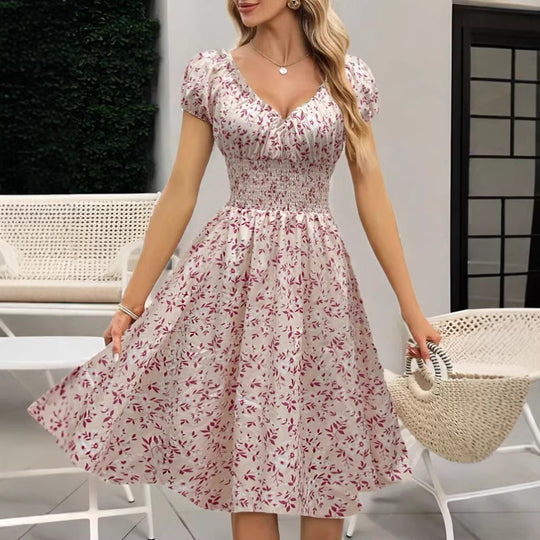 Damen Sommerliches Maxikleid mit voluminösen Puffärmeln und elastischem Taillenbund EB