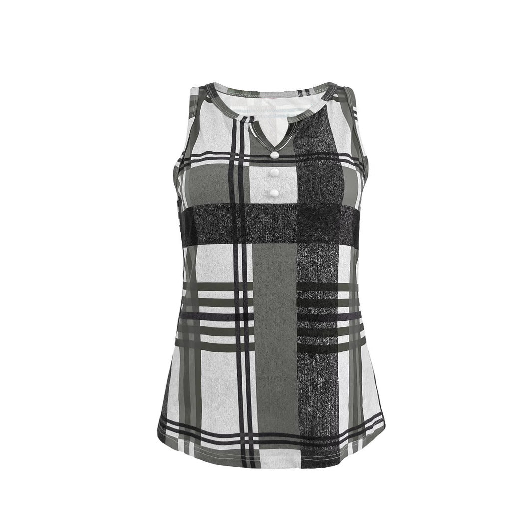 Damen ärmelloses V-Neck Top mit dekorativem Knopfdetail und modernem Karomuster EB