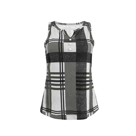 Damen ärmelloses V-Neck Top mit dekorativem Knopfdetail und modernem Karomuster EB