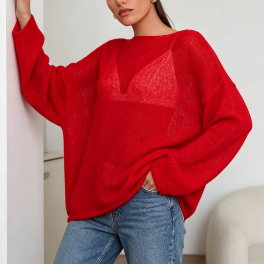 Damen luftiger Oversize-Feinstrickpullover mit weitem Arm und Rundhalsausschnitt EB