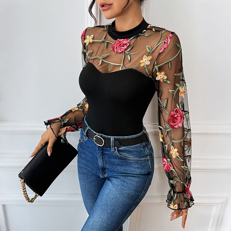 Damen Transparenter Mesh-Body mit floraler Stickerei, Herz-Bustier-Einsatz und Stehkragen EB