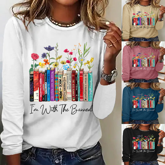 Damen Langarmshirt mit Bücher- und Blumenmotiv EB