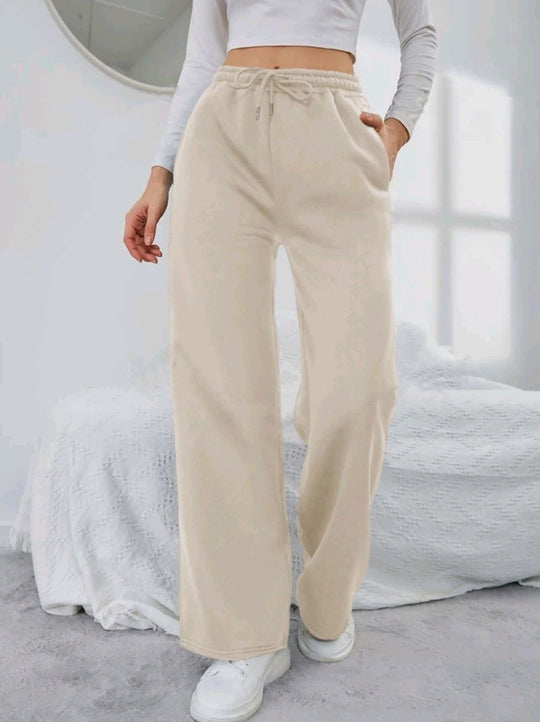 Damen nan High‑Waist Wide‑Leg Jogginghose mit elastischem Komfortbund, Kordelzug und tiefen Eingrifftaschen EB