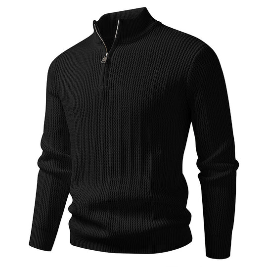 Herren nan feinstrukturierter Halbzip-Pullover mit Stehkragen, geripptem Strukturstrick und schmaler Passform EB