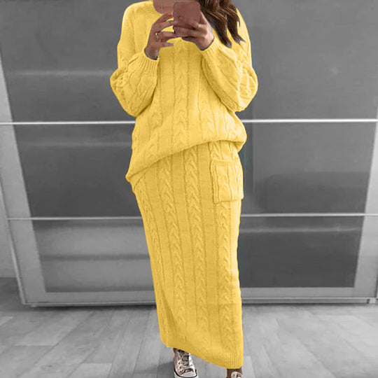 Damen nan Strickset Oversized Zopfmuster-Pullover und Maxi-Bleistiftrock mit aufgesetzter Tasche EB