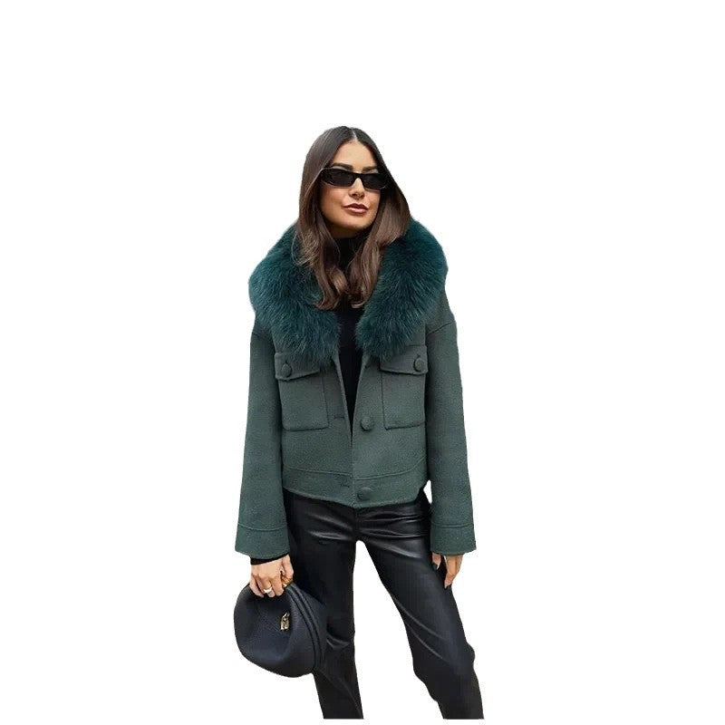 Damen Elegante Wolljacke mit luxuriösem Kunstfellkragen EB