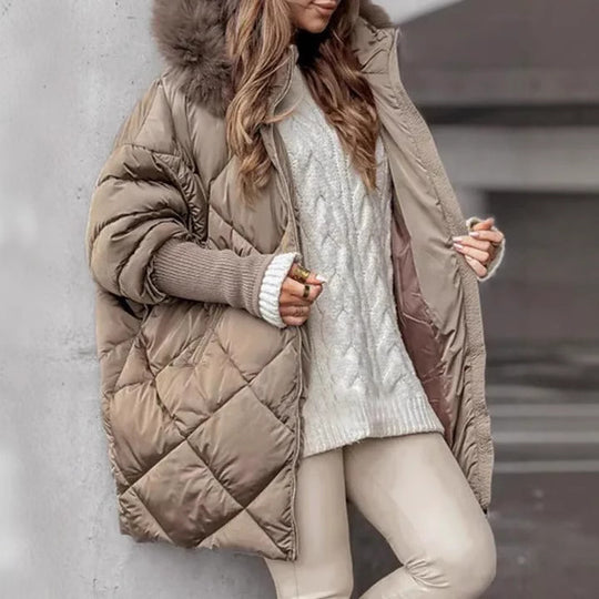 Damen Oversized Steppjacke mit Kunstpelzkragen EB