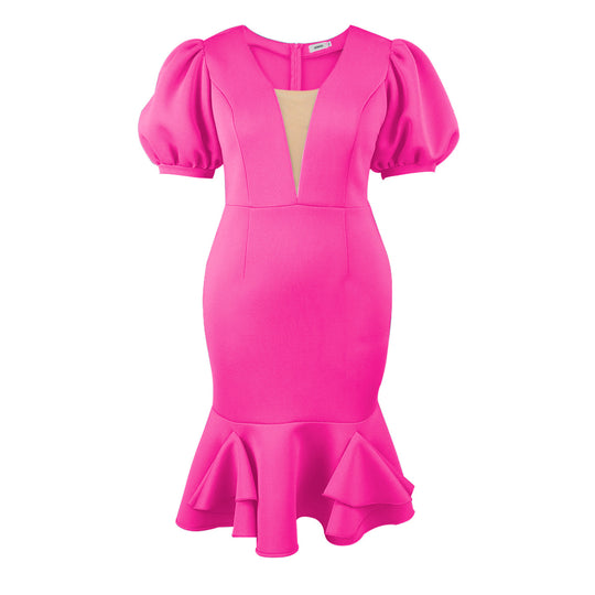 Damen figurbetontes Kleid mit voluminösen Puffärmeln und elegantem Rüschenabschluss EB