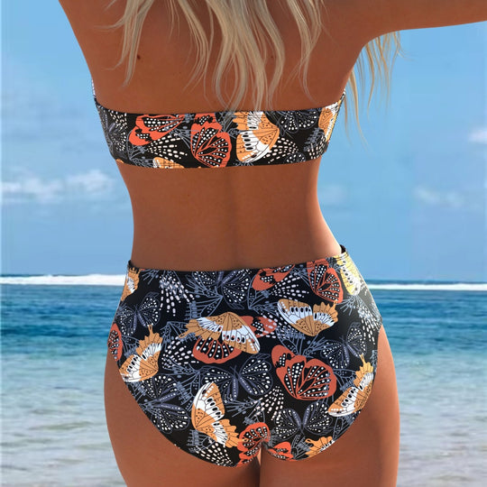 Damen Bandeau-Bikini mit hohem Taillenschnitt und kontrastierendem Blumendesign EB