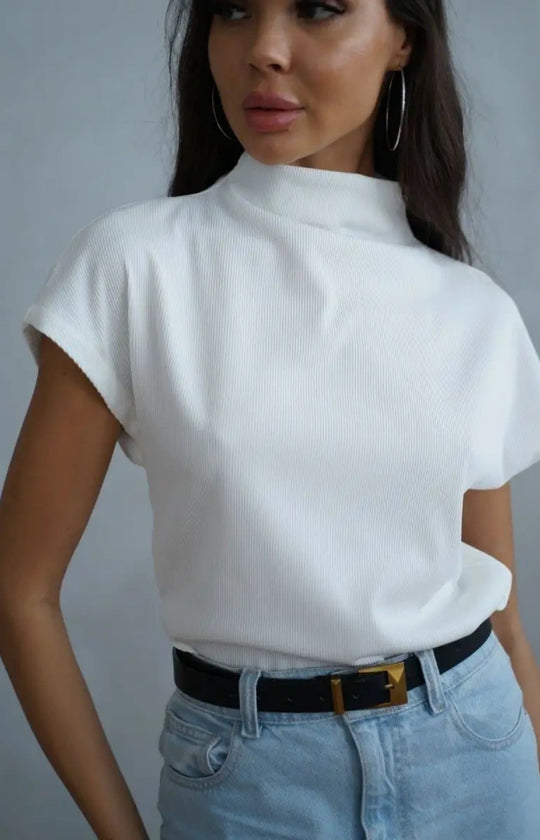 Damen modernes Kurzarm-Oberteil mit hohem Stehkragen und strukturiertem Design EB