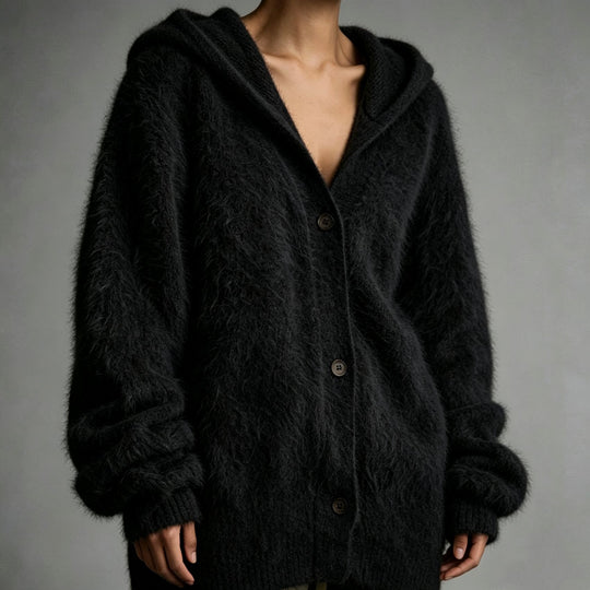 Damen Flauschiger Kapuzen-Cardigan im Mohair-Look mit Knopfleiste EB