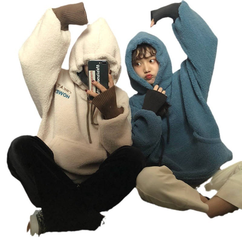 Damen kuscheliger Kapuzenpullover im Oversized-Stil mit vorderer Kängurutasche und elastischen Bündchen EB