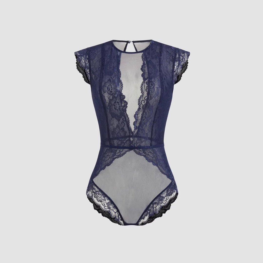 Damen Elegantes Spitzenbody mit tiefem V-Ausschnitt und zarten Rüschendetails EB