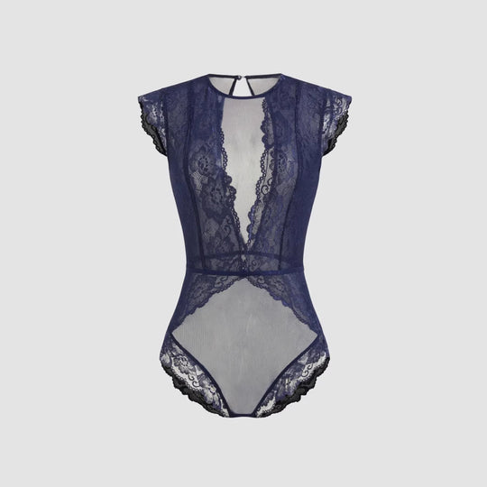 Damen Elegantes Spitzenbody mit tiefem V-Ausschnitt und zarten Rüschendetails EB
