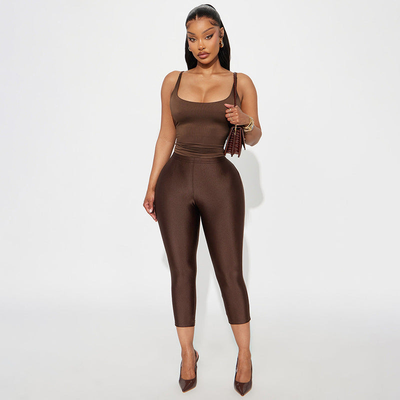 Damen Figurbetonte Capri-Leggings mit Hochbund und luxuriösem Glanz EB