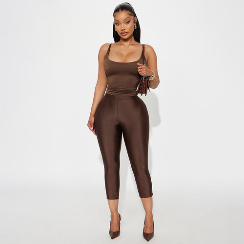Damen Figurbetonte Capri-Leggings mit Hochbund und luxuriösem Glanz EB