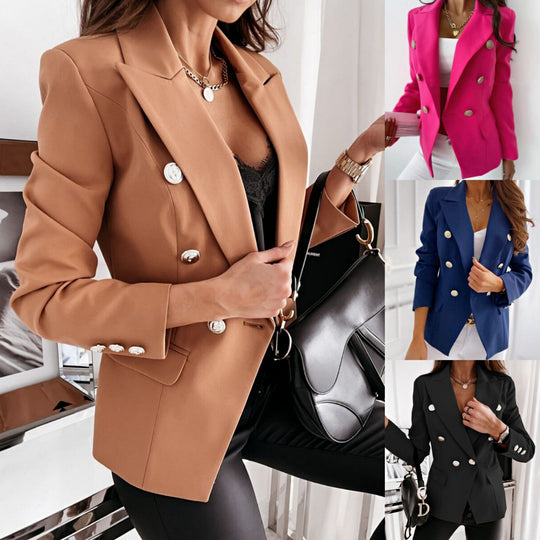 Damen nan Doppelreihiger Blazer mit Reverskragen, Strukturierter Passform und Zierknöpfen EB