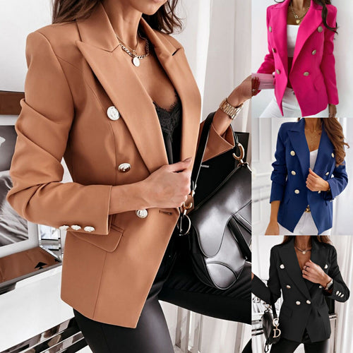 Damen nan Doppelreihiger Blazer mit Reverskragen, Strukturierter Passform und Zierknöpfen EB