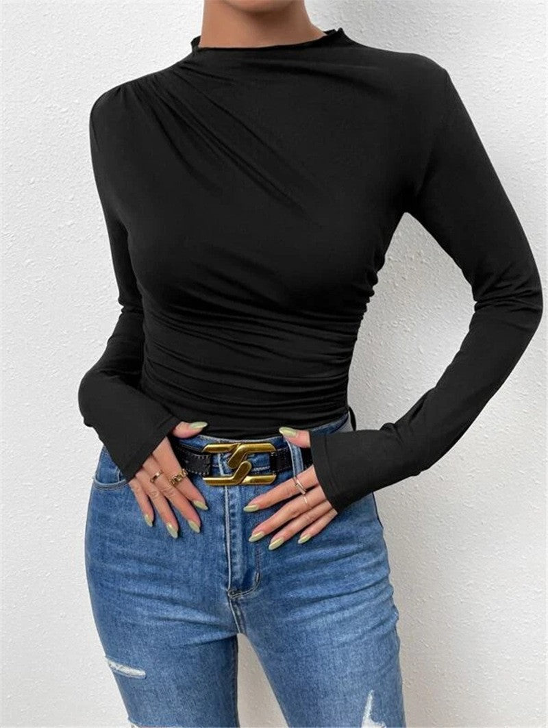 Damen nan figurbetontes Langarmshirt mit asymmetrischer Raffung am Vorderteil und U-Boot-Ausschnitt EB