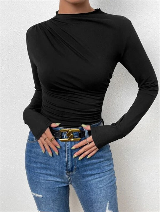 Damen nan figurbetontes Langarmshirt mit asymmetrischer Raffung am Vorderteil und U-Boot-Ausschnitt EB