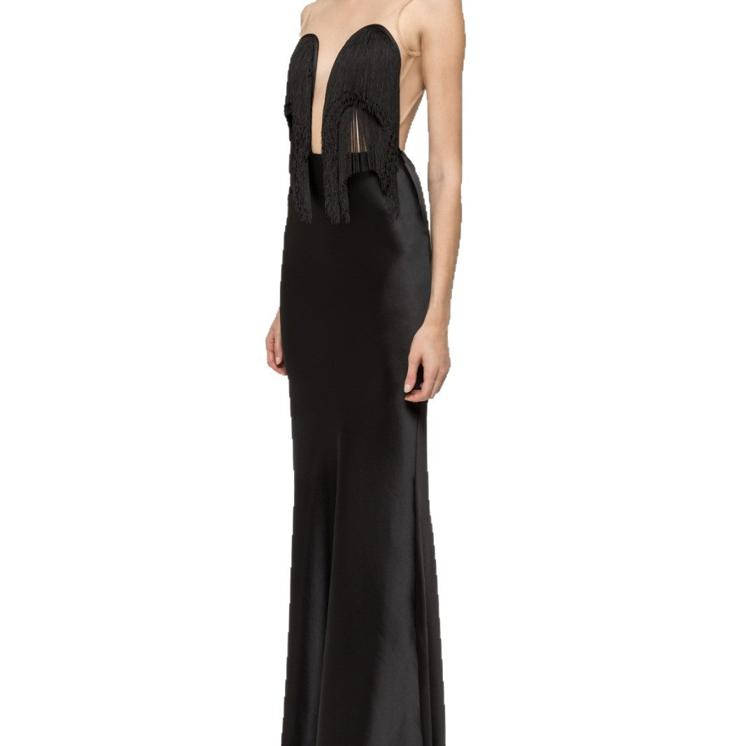 Damen Langärmliges Maxikleid mit tiefem V-Ausschnitt und fransierten Details EB