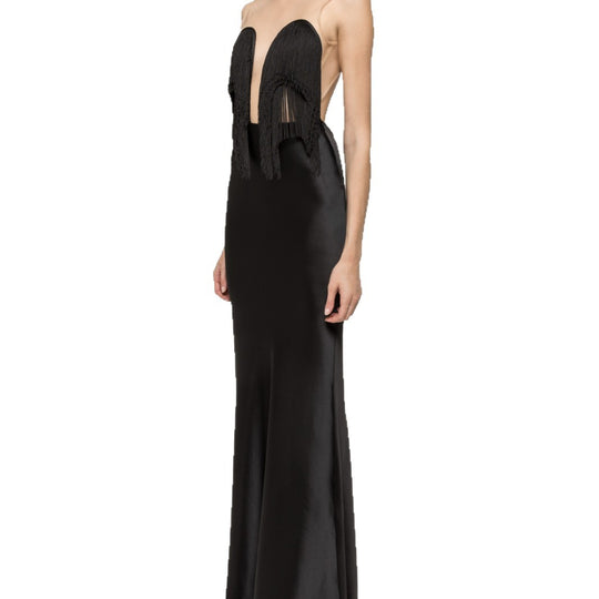 Damen Langärmliges Maxikleid mit tiefem V-Ausschnitt und fransierten Details EB