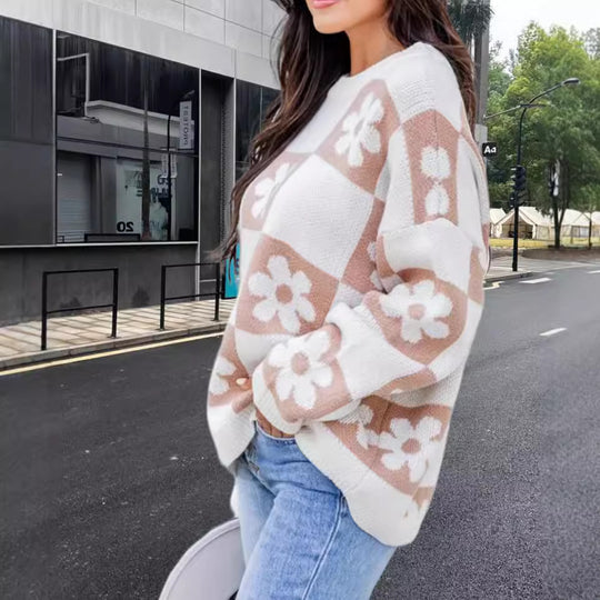 Damen Oversized Strickpullover mit floralem Muster und lässigem Schnitt EB