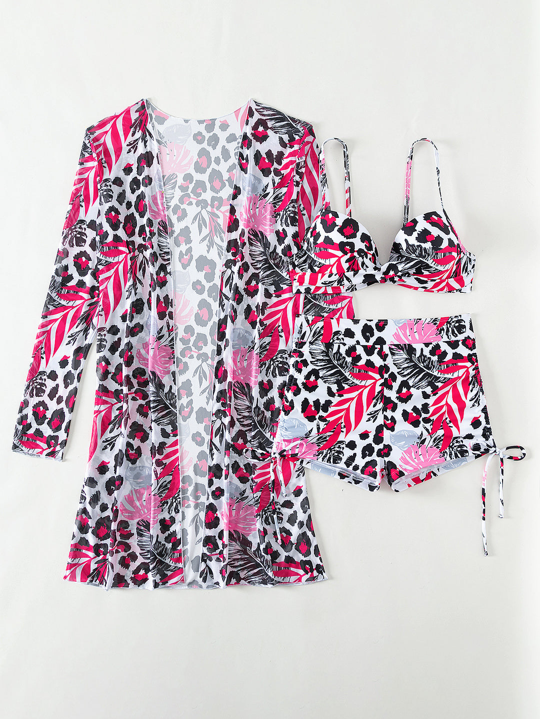 Damen Bikiniset mit modischem Überwurf und stylischem Leopardenmuster EB