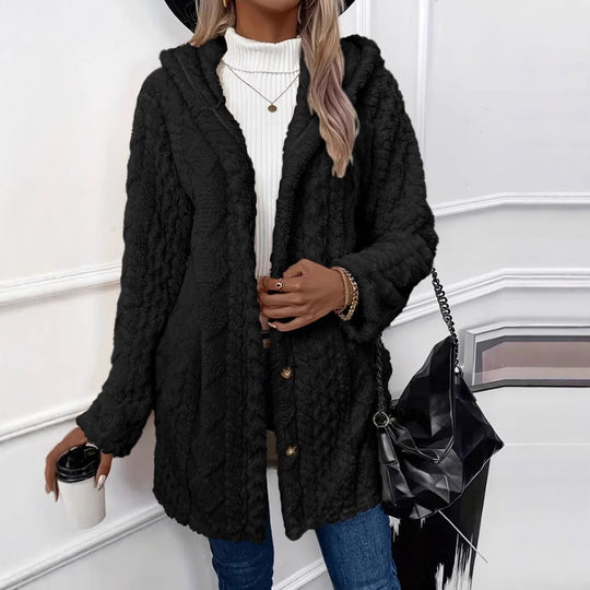 Damen nan kuschelige Teddy-Mantel mit Kapuze, Knopfleiste und Taschen EB