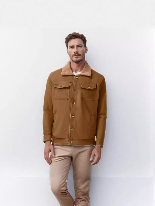 Herren lässige Jacke mit Kunstfellkragen und praktischen Taschen EB