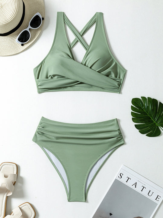 Damen Hoch tailliertes Bikini-Set mit elegantem Wickel-Design EB