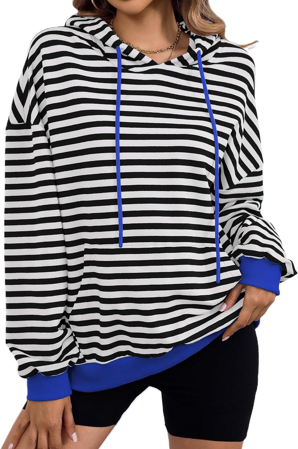 Damen gestreifter Kapuzenpullover mit stylischer Kängurutasche EB