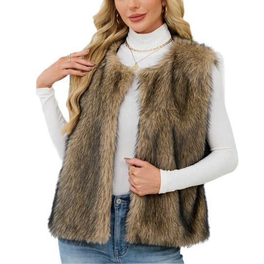 Damen Flauschige Kunstpelzweste mit voluminösem Kragen EB