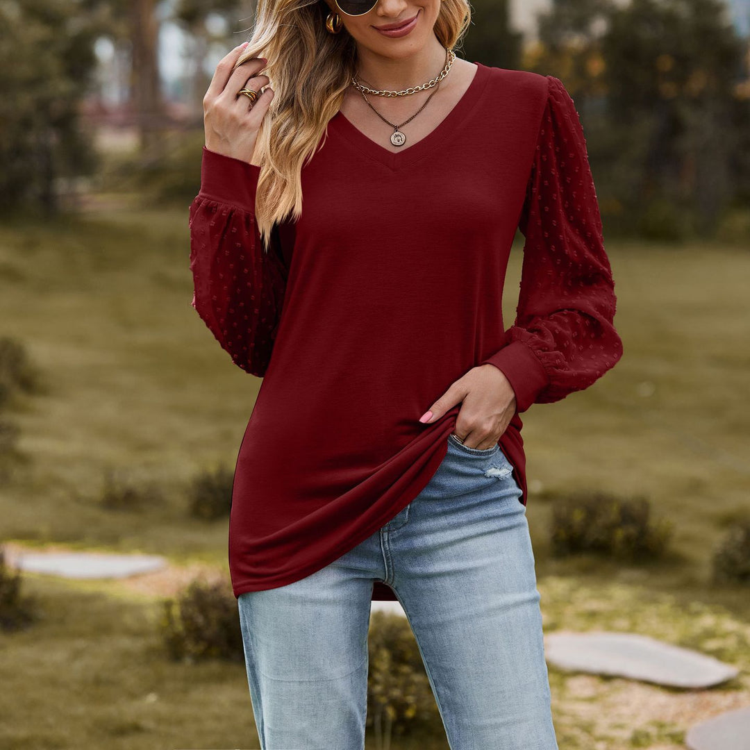 Damen elegantes V-Ausschnitt Oberteil mit Puffärmeln EB