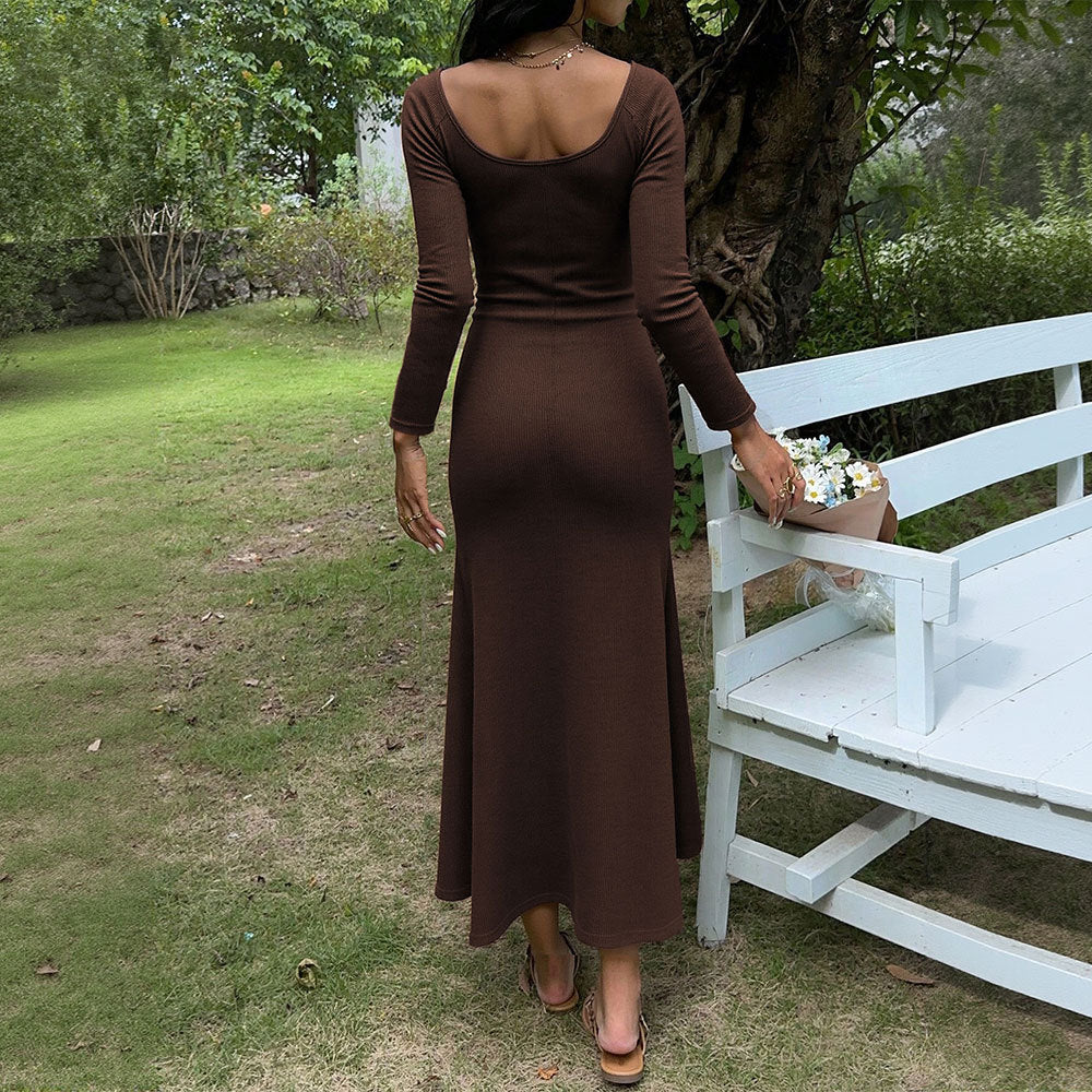 Damen figurbetontes Ripp-Maxikleid mit langen Ärmeln, Knoten‑Keyhole und ausgestelltem Meerjungfrauen-Saum Eichborn Berlin