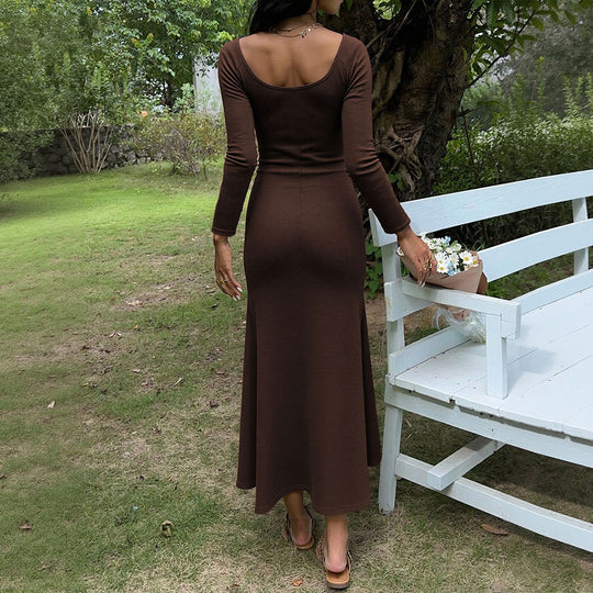 Damen figurbetontes Ripp-Maxikleid mit langen Ärmeln, Knoten‑Keyhole und ausgestelltem Meerjungfrauen-Saum Eichborn Berlin