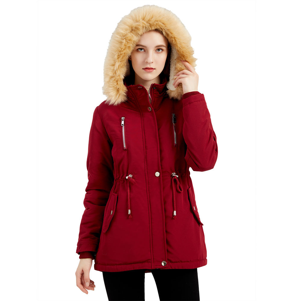 Damen modische Outdoor-Jacke mit abnehmbarem Kunstfellkragen und elastischem Taillenzug EB